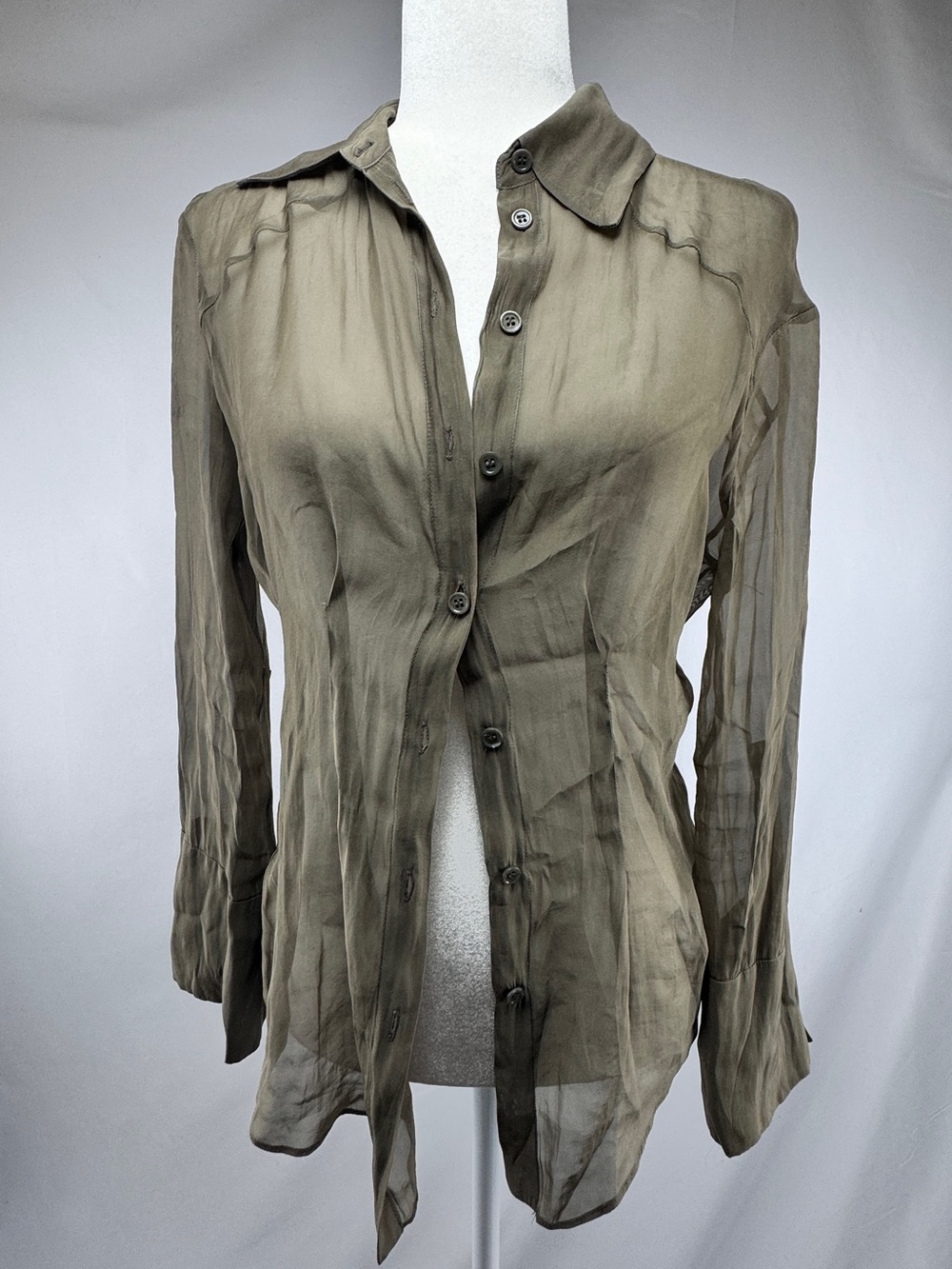 Zara Sheer Olive Button Up Blouse XS Long Sleeve Semi Sheer Top